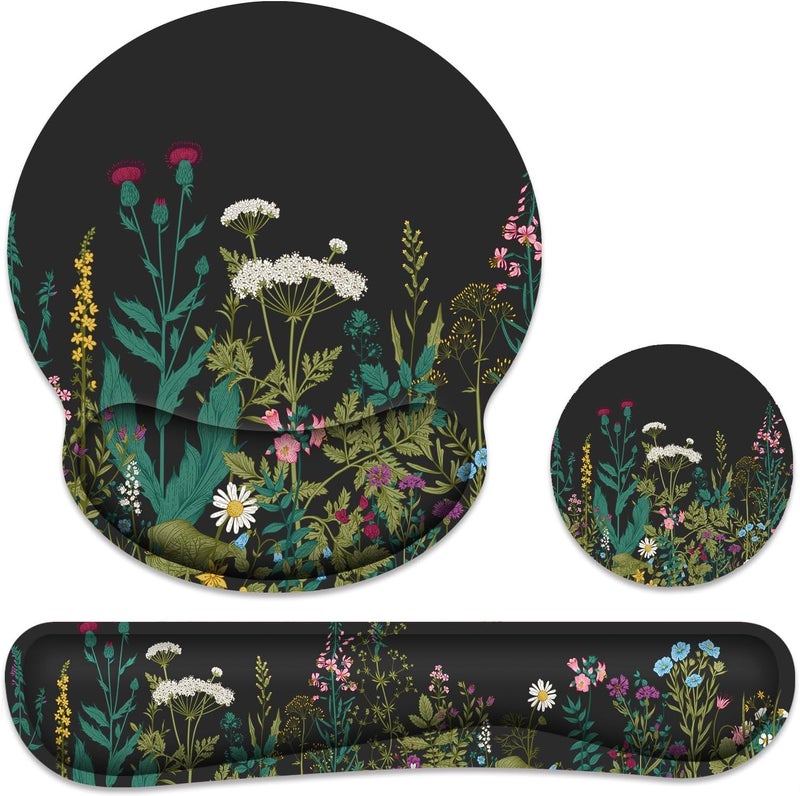 JIGOO Ergonomic Mouse Pad with Wrist Rest and Keyboard Wrist Rest, Memory Foam Wrist Rest for Computer Keyboard, Easy Typing, Pain Relief, Mouse Pad Wrist Support for Gaming,Office, Laptop, Black Flower - Image 1
